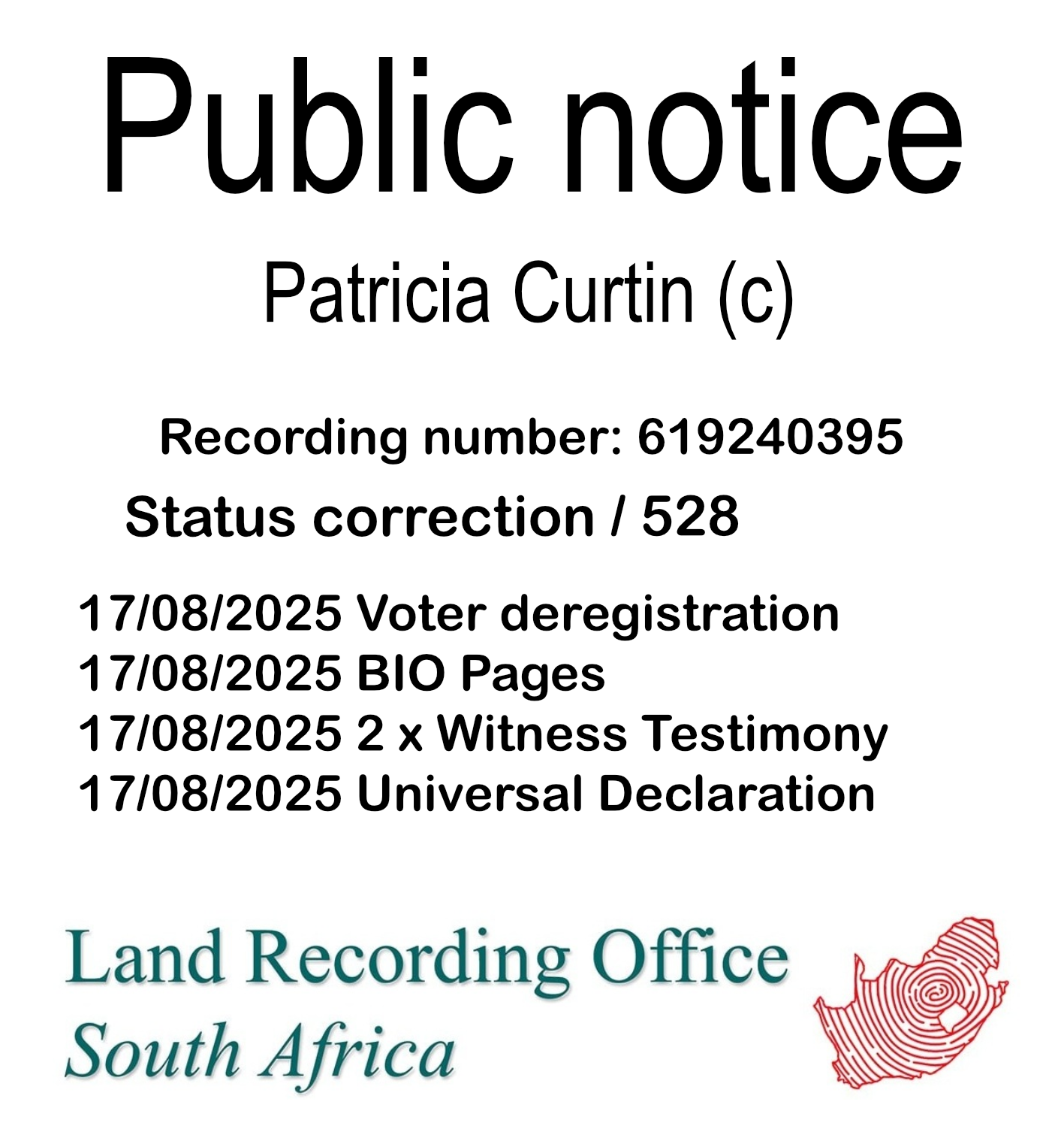Public notice Patricia Curtin (c) Recording number 619240395